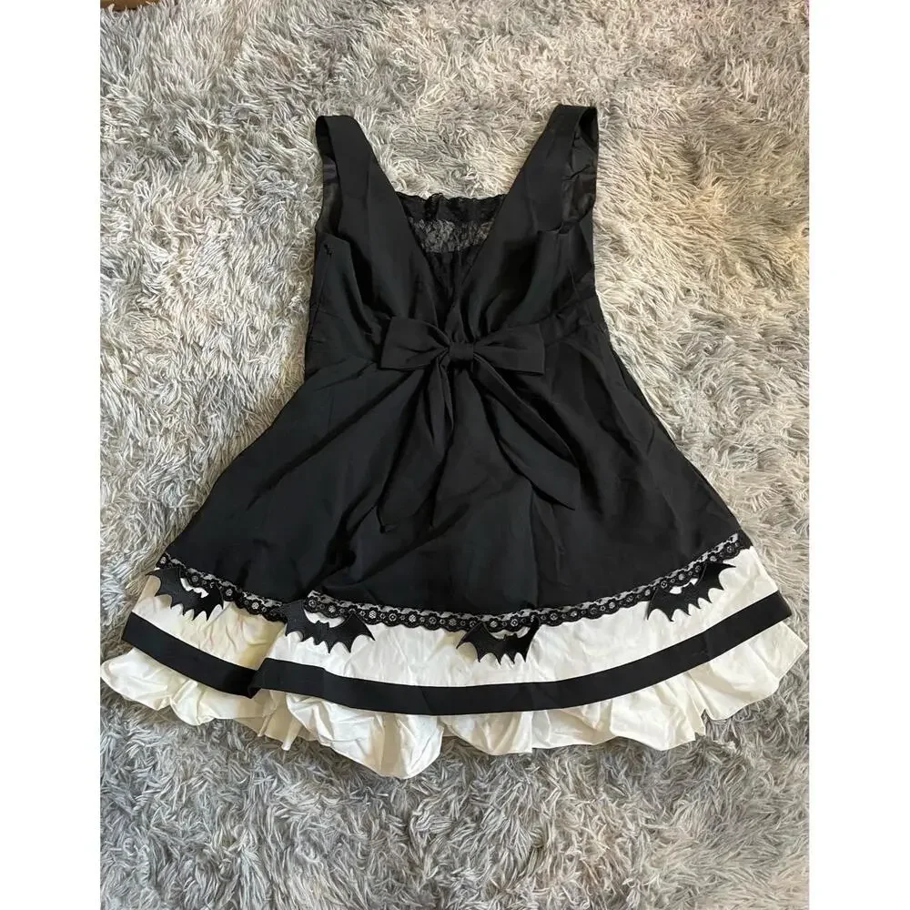 Womens Dress Medium Black White Goth Core Halloween Bat Applique Lolita Cosplay - Picture 2 of 9